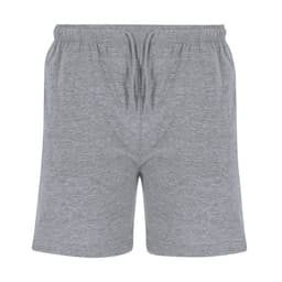 Light grey dress shorts with an elastic waistband and drawstring, featuring a logo. Suitable for casual wear.