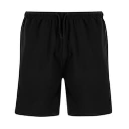 Black dress shorts with an elastic waistband and drawstring detail, showcasing a simple and casual style.