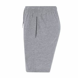 A pair of grey dress shorts featuring an elastic waistband and drawstring detail. The shorts have a simple design.
