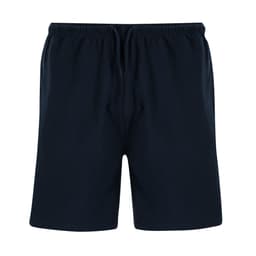 Navy dress shorts featuring an elastic waistband and drawstring closure. The fabric appears smooth and lightweight.