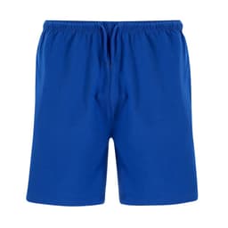 Bright blue dress shorts with an elastic waistband and drawstring, featuring a plain design and a small brand logo.