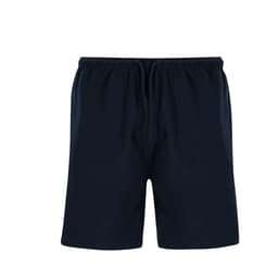 Navy blue dress shorts with an elastic waistband and drawstring, featuring a simple design. Includes a logo.