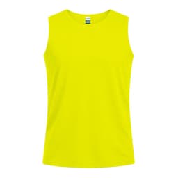 A bright yellow sleeveless T-shirt featuring a logo. Suitable for casual wear or active use.