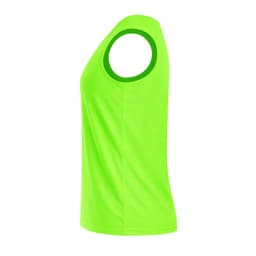 A vibrant green sleeveless t-shirt with a rounded neckline and a logo on the side.