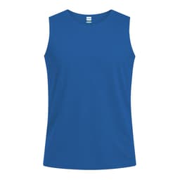 A blue sleeveless t-shirt with a crew neckline and a label at the centre of the collar.