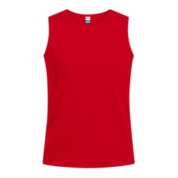 A red sleeveless T-shirt with a round neckline and a plain design. It features a branding label inside the neck.