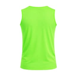 A bright green sleeveless t-shirt with a smooth fabric texture and a plain back design. It features a logo.