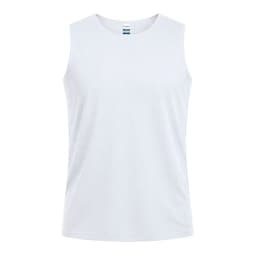 A white sleeveless t-shirt with a tag at the neck and a simple design. It features a logo on the label.