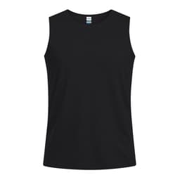 A black sleeveless t-shirt featuring a brand logo at the neckline. Suitable for casual wear.