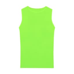 A sleeveless t-shirt in bright neon green, featuring a logo on the front.