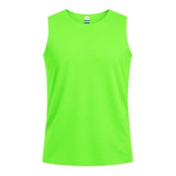 A sleeveless bright green t-shirt featuring a simple design and a logo on the neck label.