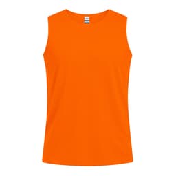 An orange sleeveless t-shirt featuring a tag inside and no visible logos or branding.