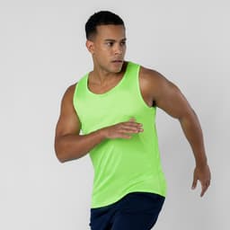 A bright green tank top worn by a man in motion, showcasing a sporty design. The garment has a logo on it.