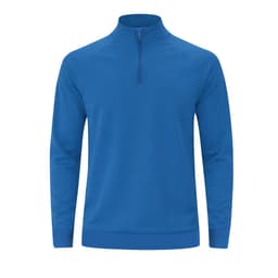 A blue zip-up sweater with a high collar and long sleeves, featuring a logo on the front.