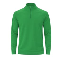 A green zip-up sweater with long sleeves and a collar, featuring a logo on the front.