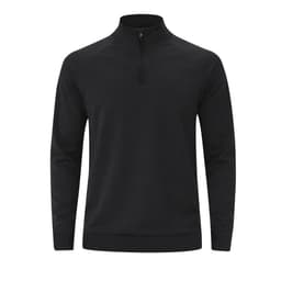 A black quarter-zip hoodie with long sleeves and a sleek, minimalist design, featuring a logo on the chest.