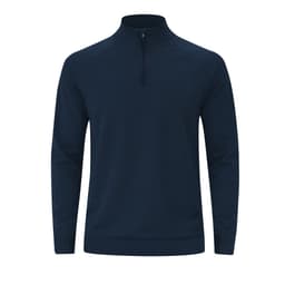 A navy blue Brewer Hoodie, featuring long sleeves and a quarter zip at the collar. It has a logo on it.