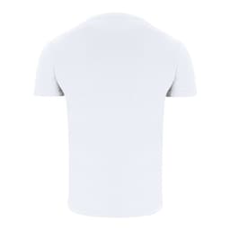 A plain white adult T-shirt featuring a crew neckline and short sleeves. The shirt has a logo on it.