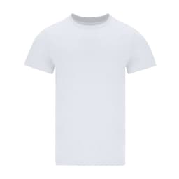 A white adult t-shirt featuring a crew neck and short sleeves, with a logo on the front.