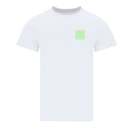 A white adult t-shirt featuring a small green square logo on the front.
