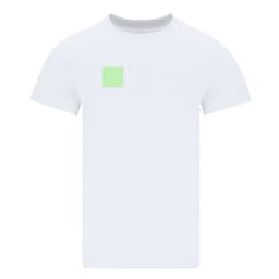 A white adult T-shirt featuring a small green square and a logo on the front.