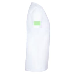 A white adult T-shirt featuring a green square patch on the sleeve.