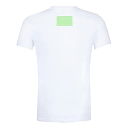 A plain white adult T-shirt featuring a small green patch on the back and has a logo.