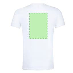 A white adult T-shirt featuring a blank green rectangle on the back for custom designs.