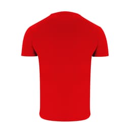 A red adult T-shirt with a fitted style and short sleeves, featuring a logo on the back.