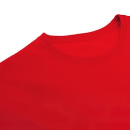 A red adult T-shirt with a rounded neckline and short sleeves, featuring a logo.