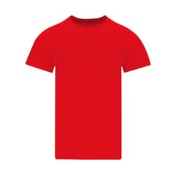 A red adult T-shirt with a round neckline and short sleeves, featuring a branding logo.