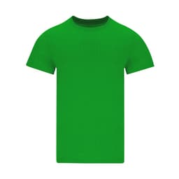 A green adult T-shirt featuring a round neckline and short sleeves, with a logo on the front.