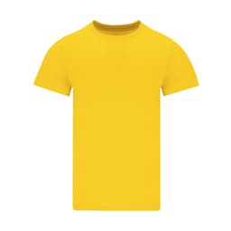 A bright yellow adult T-shirt with short sleeves and a round neckline. It features a logo on the front.