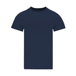 A navy blue adult T-shirt featuring a crew neck design and short sleeves. The shirt has a logo on it.