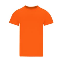 An orange adult t-shirt with short sleeves and a crew neck, featuring a logo.