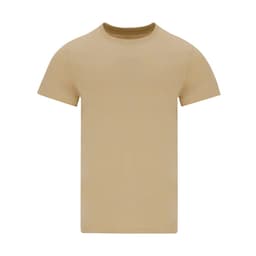 A beige adult T-shirt featuring short sleeves and a round neckline, with a small logo on the side.