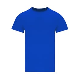 A bright blue adult t-shirt with a standard crew neck and short sleeves, featuring a logo on the chest.