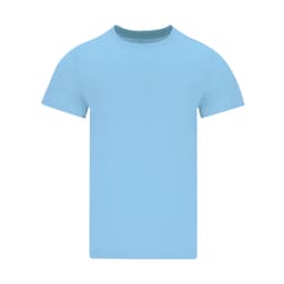 A blue adult T-shirt featuring short sleeves and a crew neckline, with a logo on the front.