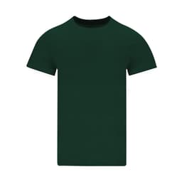 A plain dark green adult T-shirt with a round neck and short sleeves. It features a logo.