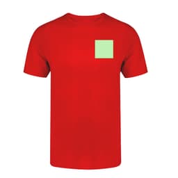 A vibrant red adult colour T-shirt featuring a green square patch and a logo.