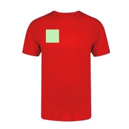A red adult T-shirt featuring a green square on the front. The shirt has a logo on it.