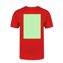 A red adult T-shirt featuring a blank green rectangular area, with a decorative border.