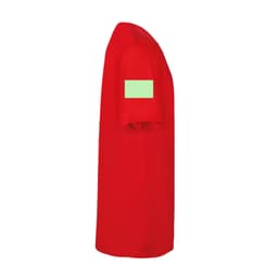 A red adult T-shirt with a green patch on the sleeve and no visible branding.