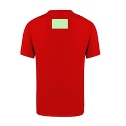 A red adult T-shirt featuring a blank area on the back and a logo on the front.