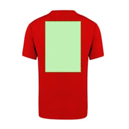 A red adult T-shirt with a large blank area on the back, featuring a logo or branding.
