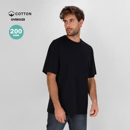 An oversize black T-shirt made from cotton, featuring a logo and a relaxed fit.