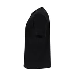 A black oversize adult T-shirt with short sleeves displayed from the side, featuring a simple design and no visible logos.