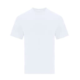 A white oversize adult T-shirt with a round neckline and short sleeves. It has a logo on it.