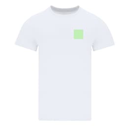 A white adult oversize T-shirt featuring a small green square patch and a logo.