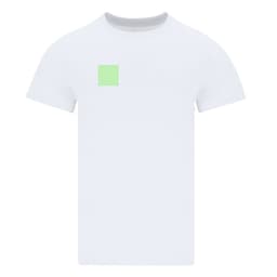 A white adult oversize t-shirt featuring a small green logo on the front.